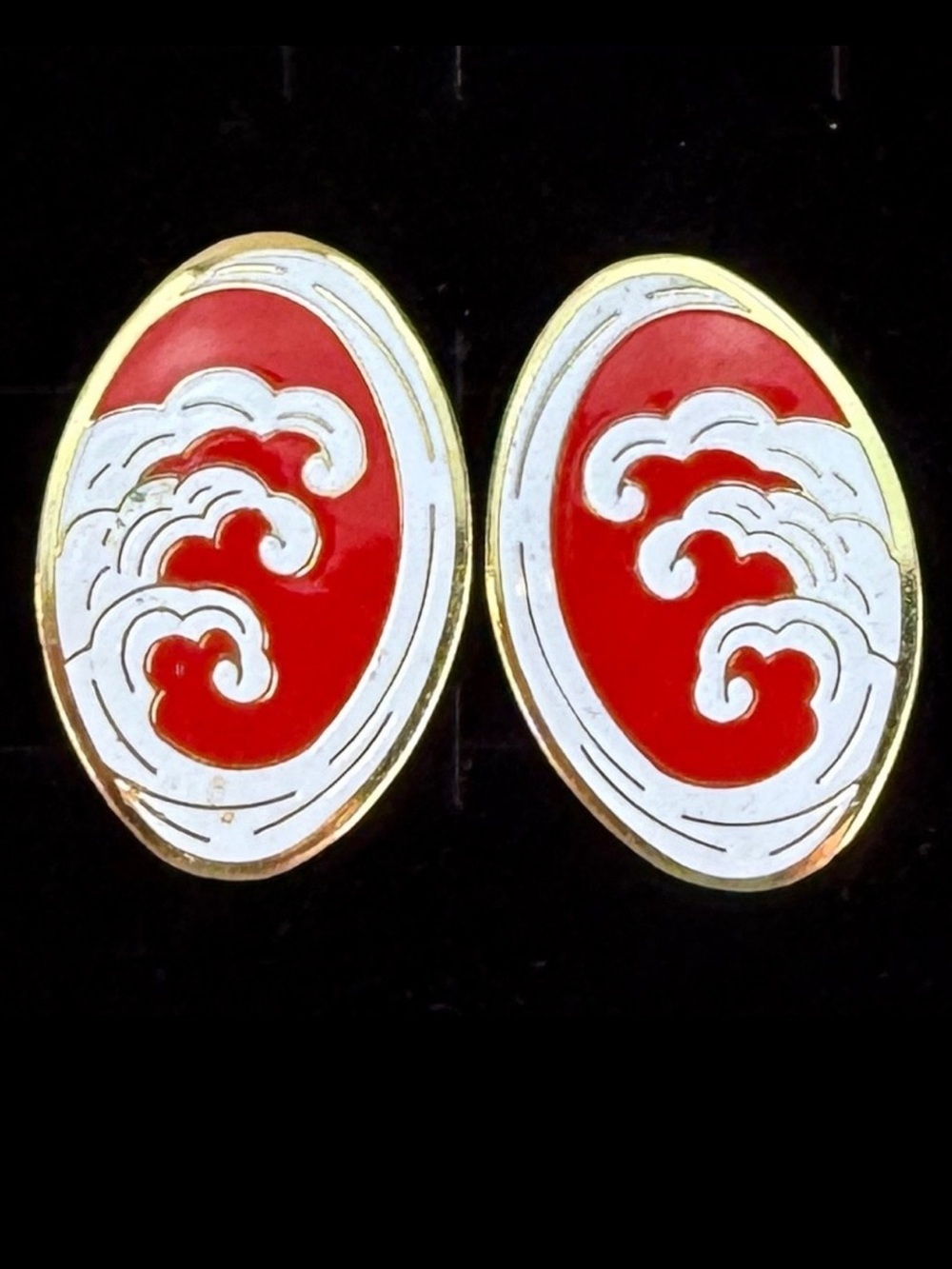 Vintage aged, goldtone, red and white costume pierced earrings